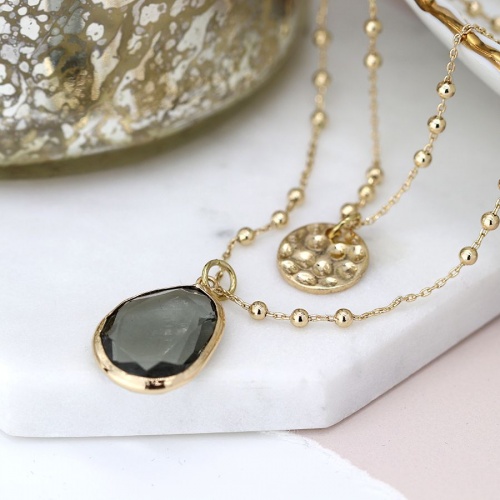 Gold Plated Disc and Smoky Crystal Layered Necklace by Peace Of Mind